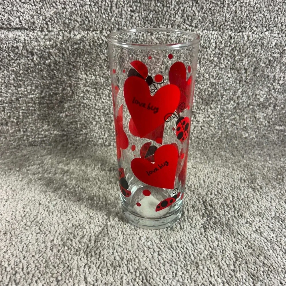 Highball Glass Red Love Bug Hearts Ladybug Valentine Tumbler Drinkware